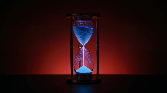 Starting timer glass hourglass releasing flowing blue sand on dark tabletop, marking elapsed time