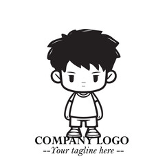 Black and White Chibi Boy Illustration with Jacket and Boots in Bold Thick Line Art Minimal Style
