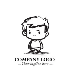 Black and White Chibi Boy Illustration with Jacket and Boots in Bold Thick Line Art Minimal Style
