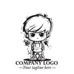 Black and White Chibi Boy Illustration with Jacket and Boots in Bold Thick Line Art Minimal Style
