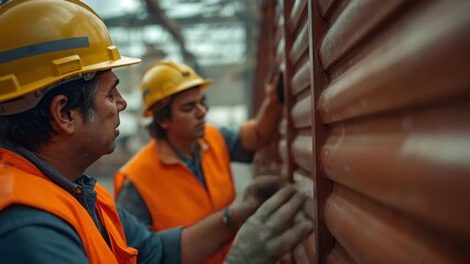 Inspecting panel alignment, crew sliding corrugated panel into steel frame on site, copy space - Powered by Adobe