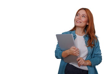 Woman holding laptop looking up, smiling, finding inspiration for business ideas, transparent background
