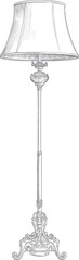 Vintage engraving of an elegant floor lamp with ornate base — detailed classic line art in black, gray, white tones.