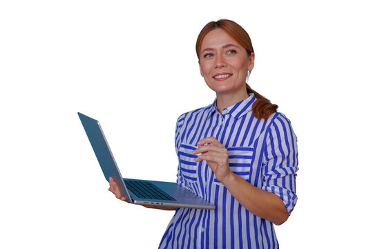 Professional woman holding laptop and smiling while working remotely, digital communication and business - Powered by Adobe