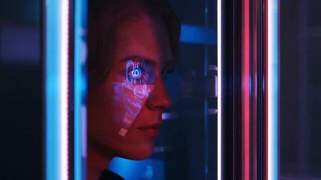 Stepping woman positioning face in scanner at checkpoint with holographic interface, copy space