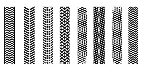 Vector illustration set of black tire track patterns with metallic texture for auto, car, bike, and truck industry design