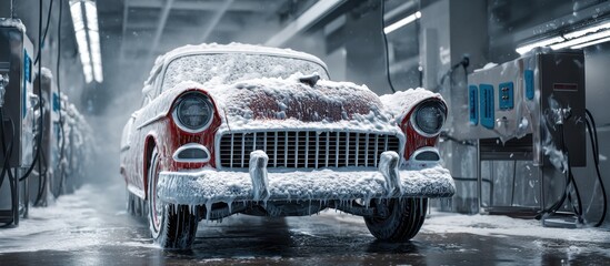 Red vintage car covered with foam inside modern car wash facility. Concept of retro design, restoration, and maintenance expressing nostalgia and precision.