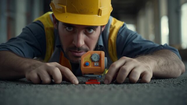 Placing laser level on floor helmeted laborer kneeling in corridor aligning red spacer for leveling