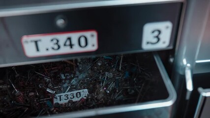 Panning camera capturing open metal cabinet drawer in workshop, revealing hardware and T - Powered by Adobe