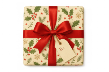 Christmas giftbox presenting a red ribbon bow and a blank tag on holiday pattern wrapping, transparent background