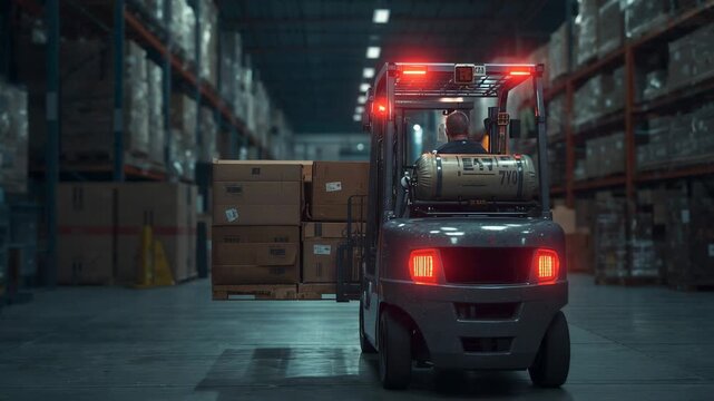 Lifting pallet forklift operator navigating warehouse aisle toward exit, with red warning lights
