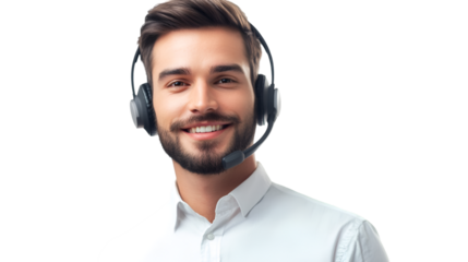 Smiling customer service representative with headset ready to assist with your inquiries