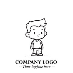 Black and White Chibi Boy Illustration with Jacket and Boots in Bold Thick Line Art Minimal Style
