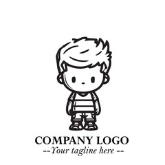 Black and White Chibi Boy Illustration with Jacket and Boots in Bold Thick Line Art Minimal Style
