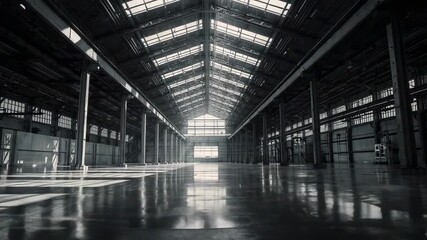 Showing industrial hall remaining still at factory, with steel columns, skylights and metal trusses - Powered by Adobe