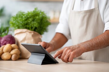 Male chef in an apron using a tablet while preparing ingredients on a kitchen counter, surrounded by fresh vegetables and herbs, showcasing culinary creativity and modern cooking techniques