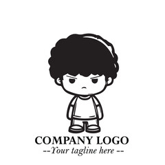 Black and White Chibi Boy Illustration with Jacket and Boots in Bold Thick Line Art Minimal Style
