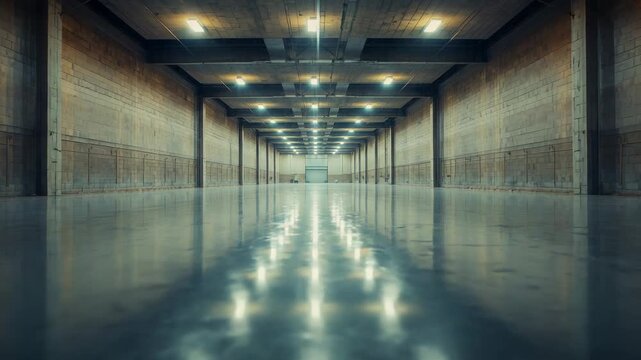 Industrial corridor staying empty in warehouse, with floor overhead lights and rolling shutter door