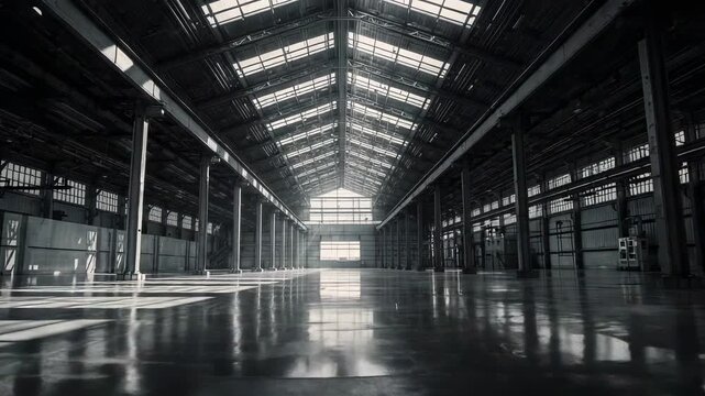 Showing industrial hall remaining still at factory, with steel columns, skylights and metal trusses