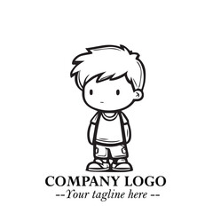 Black and White Chibi Boy Illustration with Jacket and Boots in Bold Thick Line Art Minimal Style
