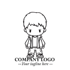 Black and White Chibi Boy Illustration with Jacket and Boots in Bold Thick Line Art Minimal Style
