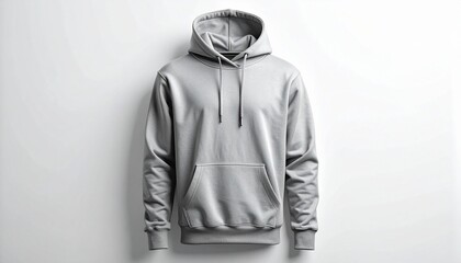 Minimal light gray hoodie with kangaroo pocket and drawstring hood on white background