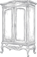 Vintage engraving-style ornate wardrobe illustrated in soft beige, warm ivory, charcoal, perfect for  interior d&eacute;cor themes.