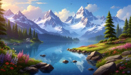 Snow capped mountains reflected in calm lake with wildflowers