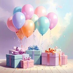 Illustration of bright party balloons and confetti