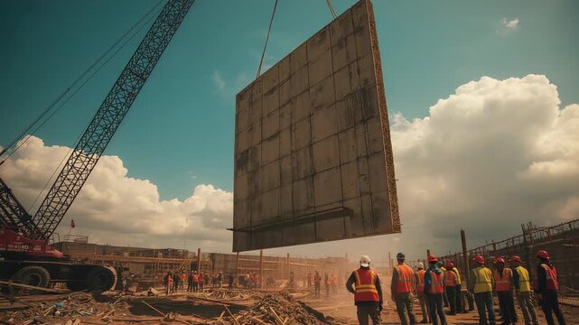 Mobile crane extending boom and lifting wall panel on construction site, riggers guiding alignment