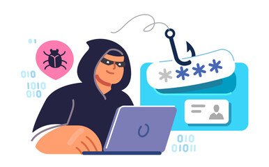 Phishing attack, malware, virus, cyber security and internet privacy. Hacker with laptop stealing personal data