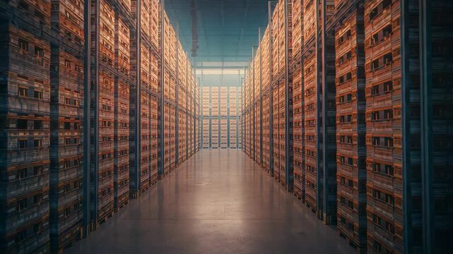 Opening shot showing empty aisle extending through warehouse, with metal racks and orange crates