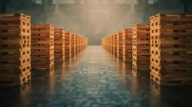 Camera starting rolling between wooden pallet stacks on concrete floor in warehouse, drawing depth
