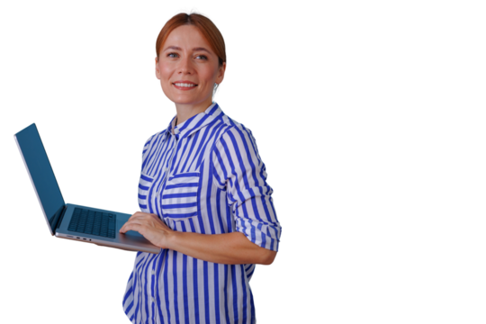 Confident businesswoman smiling, working on laptop, managing success and modern technology on transparent background