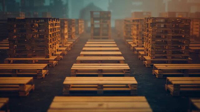 Moving camera pushing forward through main aisle in industrial yard, revealing wooden pallet stacks