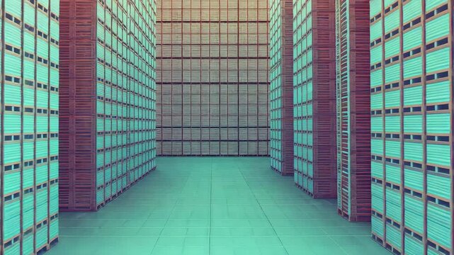 Shifting lights casting teal and orange tones along warehouse aisle, illuminating crate stacks