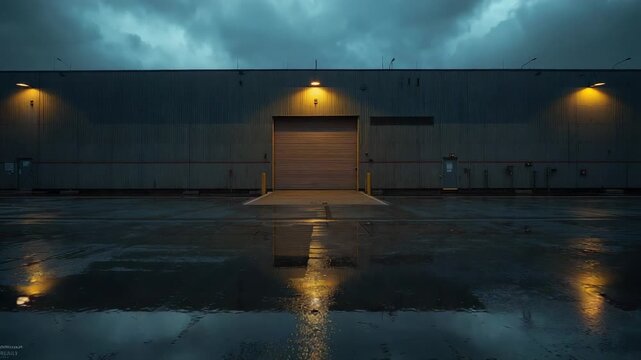Camera recording warehouse during rain, capturing rollup door under amber light, puddles rippling