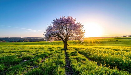 Lone blooming tree in a vibrant yellow flower field at sunset casting long shadows under a clear blue sky with gentle sunlight rays illuminating the horizon
