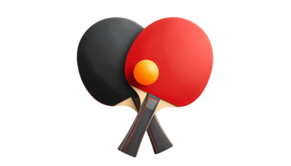 Table tennis paddles with red and black rubbers, and an orange ping pong ball, isolated on transparent background, PNG format.
