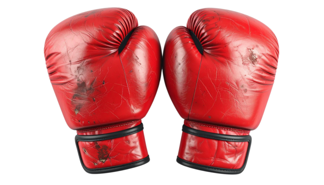 Pair of boxing gloves in red color with leather creases and wrist straps, isolated on transparent background, PNG format.