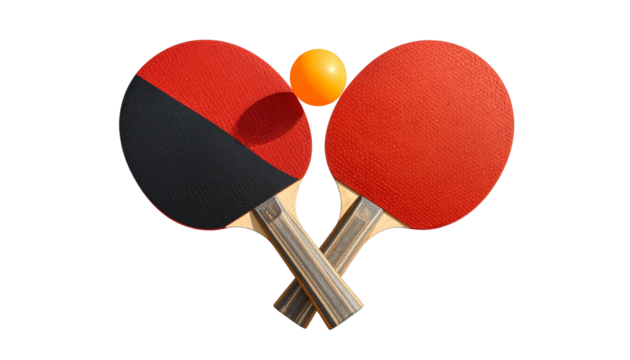 table tennis paddles with red and black rubbers, and an orange ping pong ball, isolated on transparent background, PNG