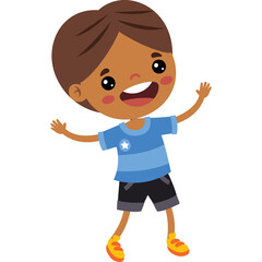 Smiling Young Boy With Dark Hair Wearing a Blue T Shirt and Black Shorts With Yellow Shoes Open Arms White Background Joyful Expression