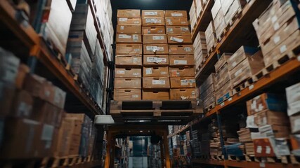 Dollying camera tilting upward warehouse aisle, revealing forklift forks holding pallet of boxes - Powered by Adobe