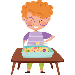 Smiling Young Boy With Red Curly Hair Wearing Glasses And A Purple Striped Shirt Playing With Colorful Sand Toys On A Wooden Table