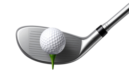 Golf club with a white golf ball and green tee, metallic shine, isolated on transparent background, PNG format.