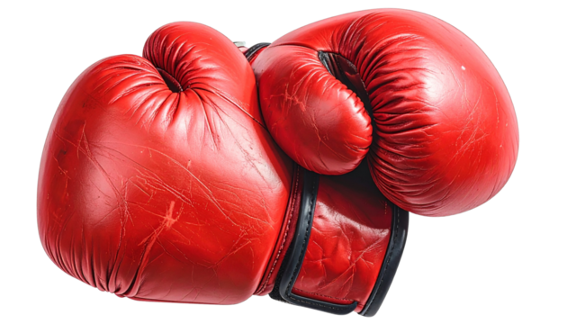 Realistic pair of boxing gloves in red color with leather creases and wrist straps, isolated on transparent background, PNG format