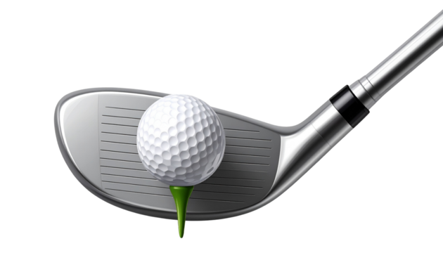 Golf club with a white golf ball and green tee, metallic shine, isolated on transparent background, PNG format.