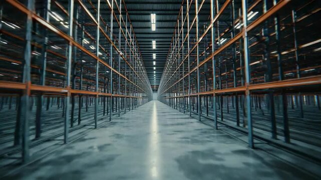 Starting camera gliding through warehouse aisle drawing viewer deeper with empty shelving
