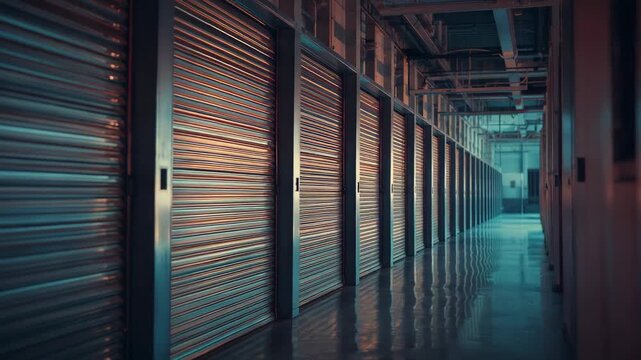 Camera panning row of metal roll-up shutters in warehouse corridor, with exposed ceiling pipes
