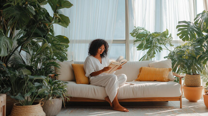 Relaxed lifestyle moment of young woman reading book near green plants — perfect for calm home living concepts.
